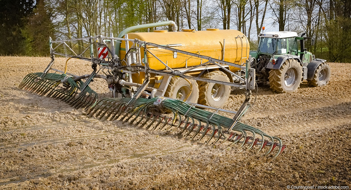 Gülle wird auf einem Feld verteilt 